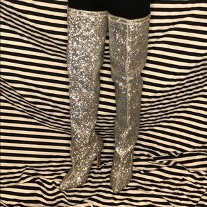 Fashion Nova Silver Sparkly Thigh High Heels